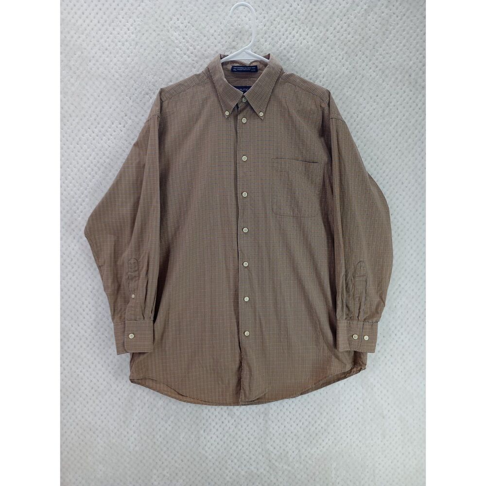 Nautica Compact Cotton Men's 16.5 32/33 Tan Checked Long Sleeve Button Up Shirt